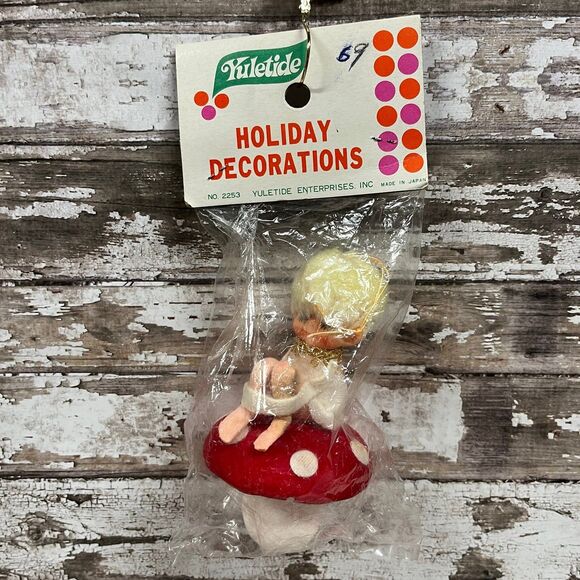 Vintage Christmas Yuletide Pixie Elf Knee Hugger on Mushroom Ornament - Picture 1 of 10